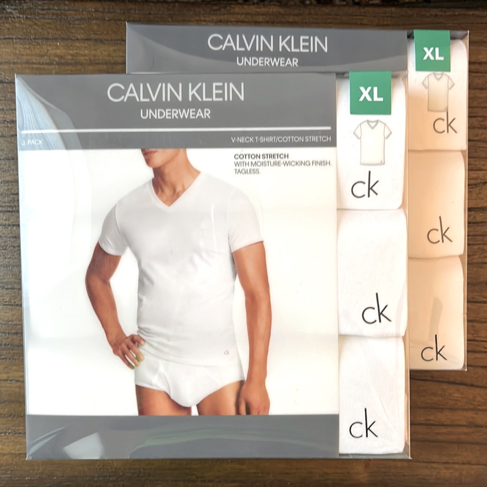 Two, 3-Packs of V-Neck Calvin Klein Undershirts in White, Size XL